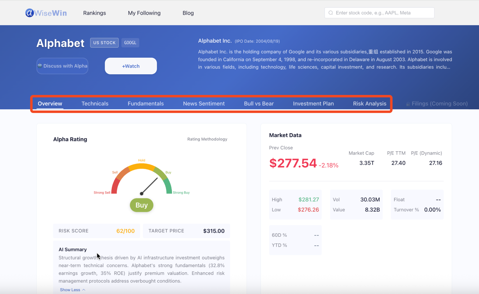 AlphaWiseWin Stock Analysis Tool Interface Demo